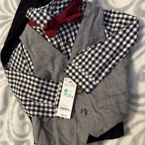 Carter's Toddler Black & White Gingham Shirt with Gray Vest and Red Bow Tie